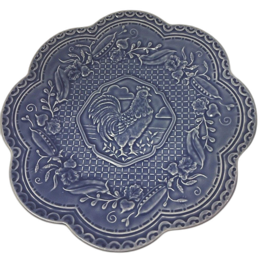 Susane Noell Andrea Sadek Majolica Blue Rooster Chicken Peas Plate 9.5” Portugal